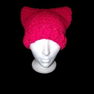 Crochet Dark Pink/Sparkle Kitty Hat